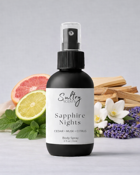 Sultry Scents Sapphire Nights Body Spray with fresh woody citrus body spray fragrance and natural ingredients