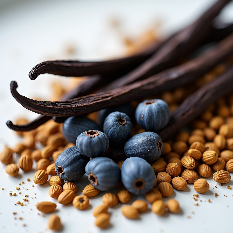 Ingredients for Gentle Fluidity Gold dupe body Spray including vanilla pods and berries on a neutral background