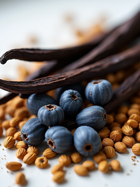 Ingredients for Gentle Fluidity Gold dupe body Spray including vanilla pods and berries on a neutral background