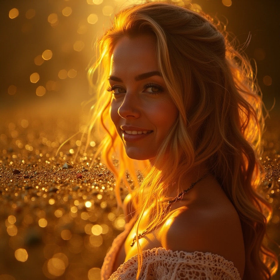 Smiling woman with golden hair in warm light, representing the gentle luxury of Gentle Fluidity Gold dupe roll on perfume