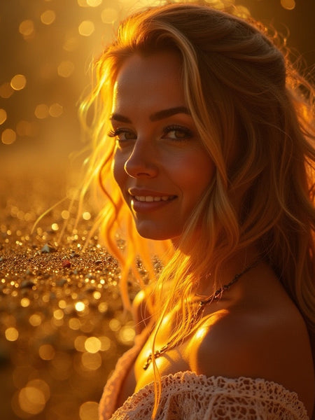 Smiling woman with golden hair in warm light, representing the gentle luxury of Gentle Fluidity Gold dupe roll on perfume