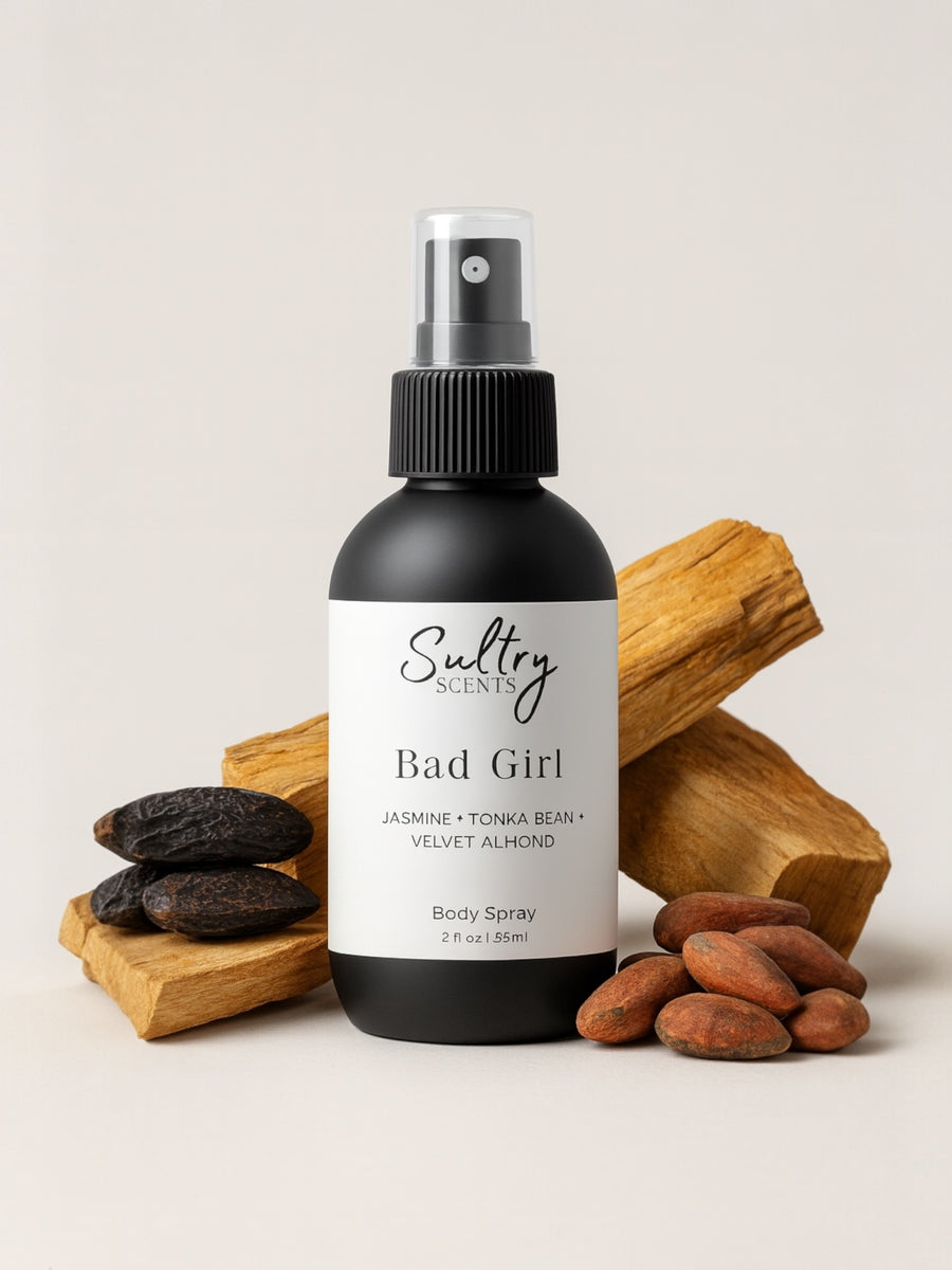 Sultry Scents Bad Girl Body Spray with notes of jasmine, tonka bean, and velvet almond, a Good Girl Perfume dupe