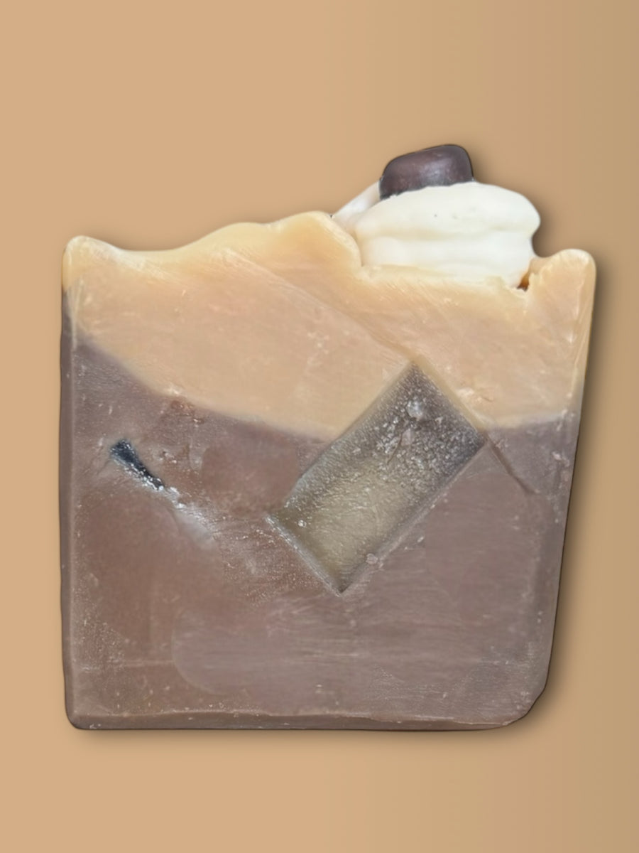 Sultry Scents handcrafted latte soap designed to resemble a creamy latte with decorative foam