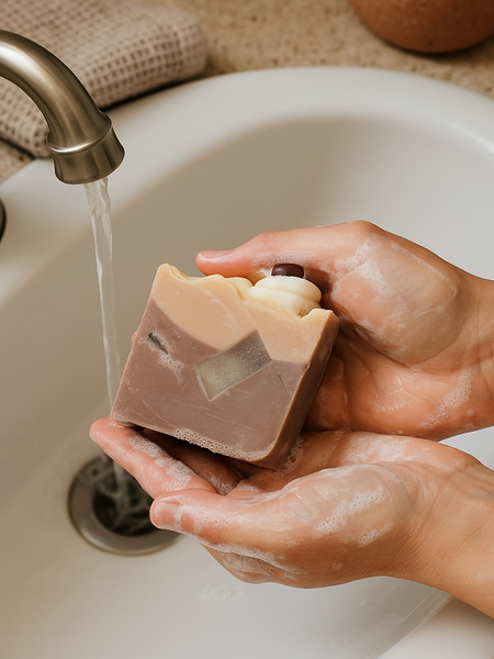 Person holding handcrafted latte soap while washing hands at a bathroom sink