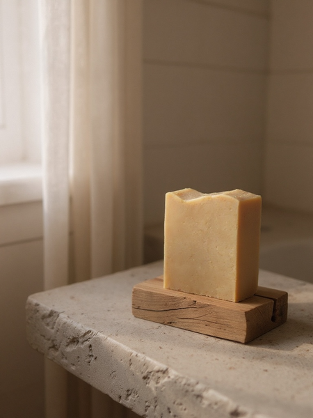 Handcrafted turmeric soap made with tallow displayed on a wooden soap dish in a bathroom setting