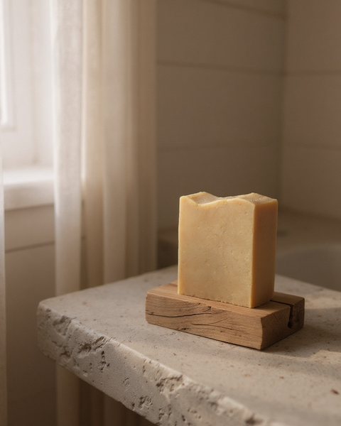 Handcrafted turmeric soap made with tallow displayed on a wooden soap dish in a bathroom setting