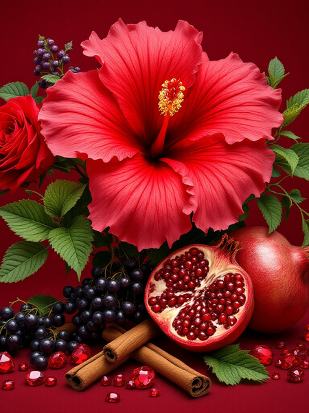 Hibiscus Mahajad dupe by Sultry Scents featuring red hibiscus flower and pomegranate with cinnamon sticks