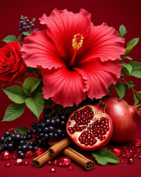 Hibiscus Mahajad dupe by Sultry Scents featuring red hibiscus flower and pomegranate with cinnamon sticks