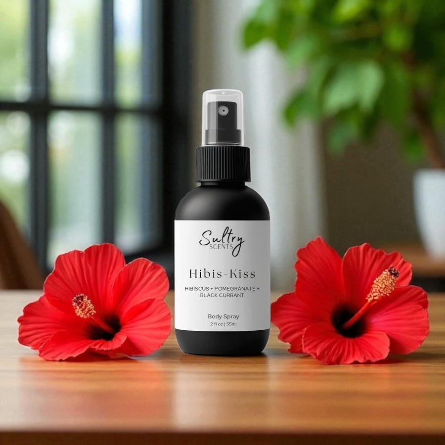 Sultry Scents Hibis-Kiss body spray with two red hibiscus flowers Hibiscus Mahajad dupe fragrance