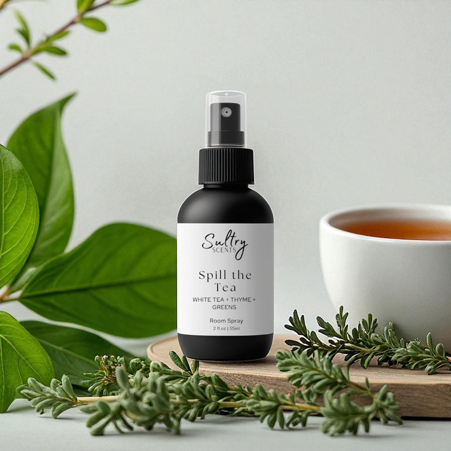 Sultry Scents Spill the Tea odor eliminating room spray bottle with tea cup herbs and leaves Hilton hotel inspired room spray