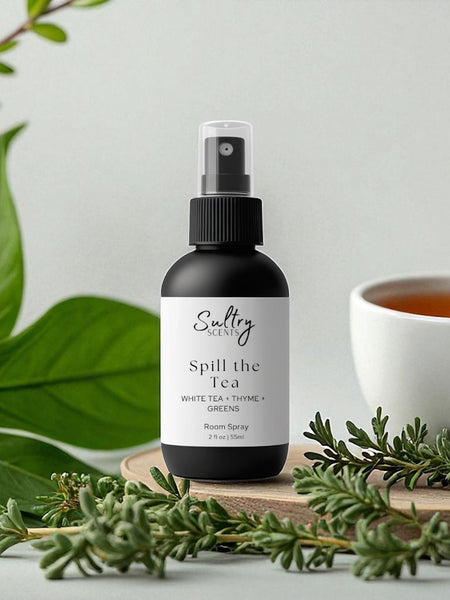Sultry Scents Spill the Tea odor eliminating room spray bottle with tea cup herbs and leaves Hilton hotel inspired room spray