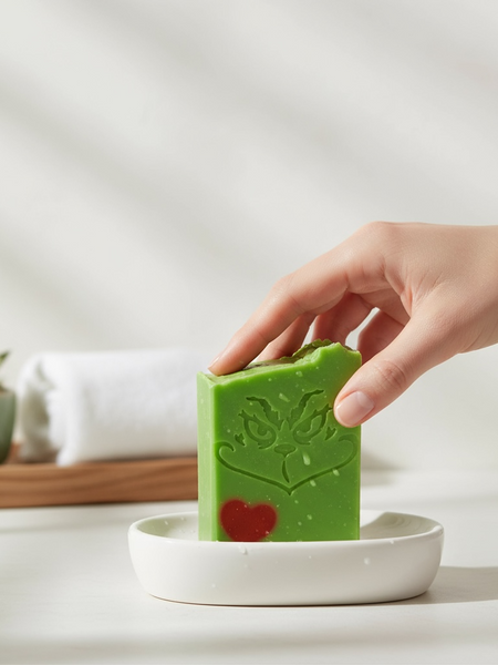 Hand holding a vibrant green Holiday Grump soap bar with a grinch face and red heart on a soap dish