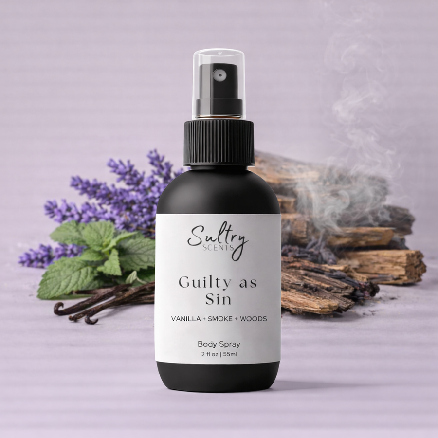 Iced Vanilla Woods Body Spray by Sultry Scents in a sleek black bottle with floral background