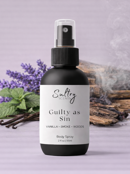 Iced Vanilla Woods Body Spray by Sultry Scents in a sleek black bottle with floral background