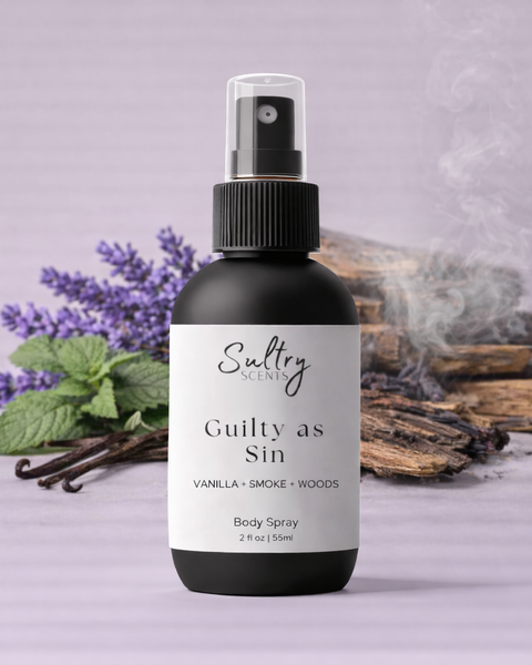 Iced Vanilla Woods Body Spray by Sultry Scents in a sleek black bottle with floral background