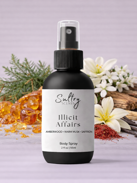 Illicit Affairs fragrance by Sultry Scents in a 2 oz body spray with amberwood and saffron notes