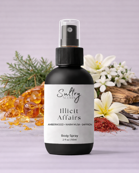Illicit Affairs fragrance by Sultry Scents in a 2 oz body spray with amberwood and saffron notes