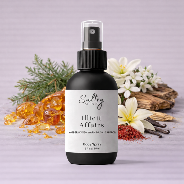 Illicit Affairs fragrance by Sultry Scents in a 2 oz body spray with amberwood and saffron notes