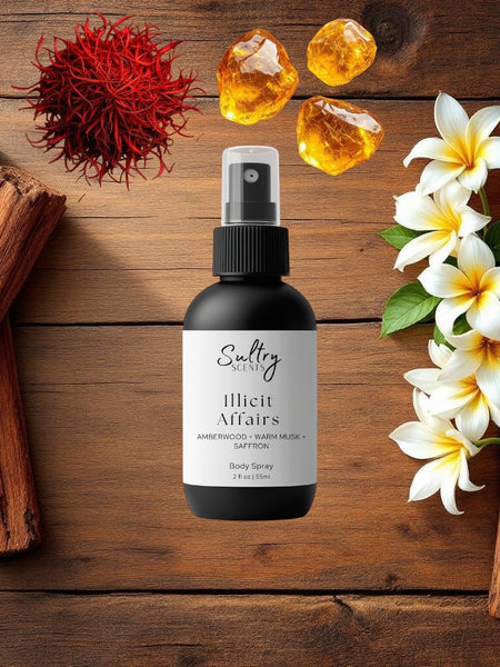 Black body spray bottle on wood with jasmine, amber resin and saffron highlighting Illicit Affairs fragrance by Sultry Scents.