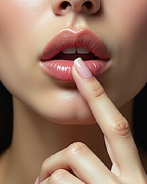Close-up of a woman with glossy lips touching her lips, evoking the allure of Illicit Affairs fragrance by Sultry Scents