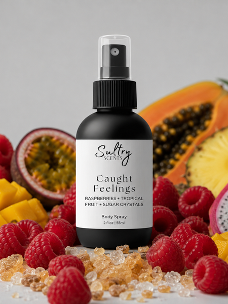 Sultry Scents Caught Feelings Body Spray featuring raspberries, tropical fruit, and sugar crystals with fragrance notes