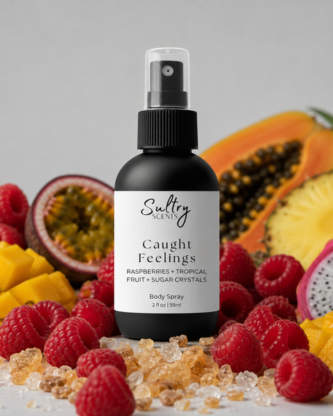 Sultry Scents Caught Feelings Body Spray featuring raspberries, tropical fruit, and sugar crystals with fragrance notes