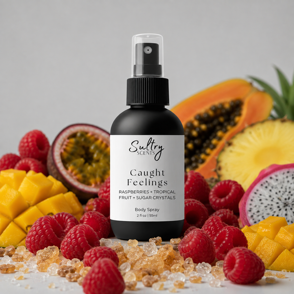 Sultry Scents Caught Feelings Body Spray featuring raspberries, tropical fruit, and sugar crystals with fragrance notes