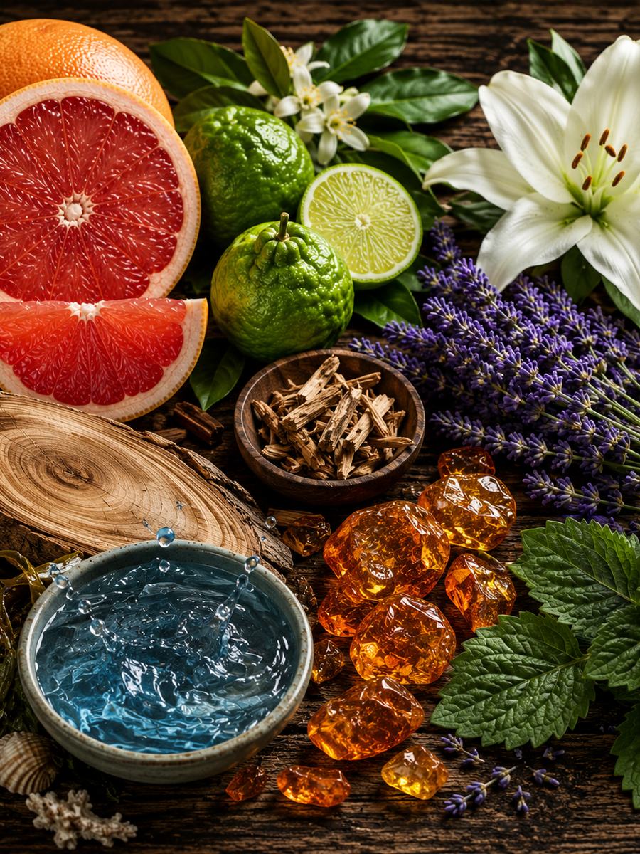 Fragrant ingredients for Invictus inspired body spray including grapefruit, flowers, and herbs