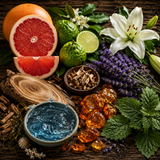 Fragrant ingredients for Invictus inspired body spray including grapefruit, flowers, and herbs