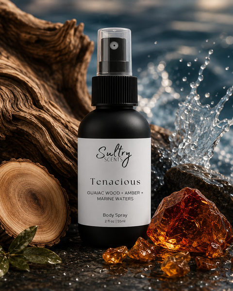 Sultry Scents Tenacious Body Spray with Guaiac Wood Amber Marine Waters, Invictus inspired body spray