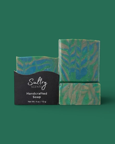 Irish Tweed Scented handmade soap by Sultry Scents with vibrant green and blue swirls
