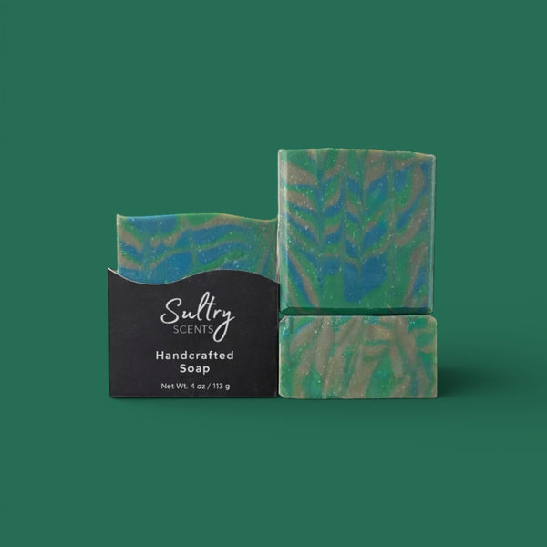 Irish Tweed Scented handmade soap by Sultry Scents with vibrant green and blue swirls