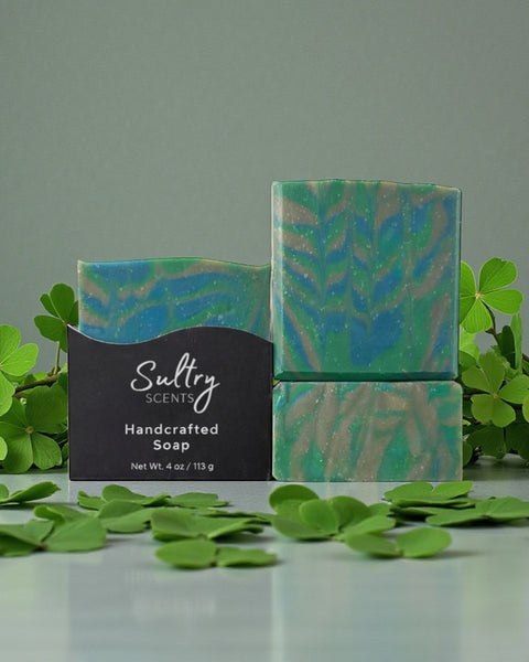 Irish Tweed Scented handmade soap bars with green swirls and clover accents from Sultry Scents