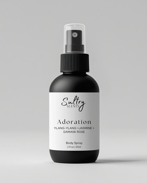 Sultry Scents Adoration black body spray bottle with ylang-ylang jasmine damask rose scent J'adore inspired Body Spray