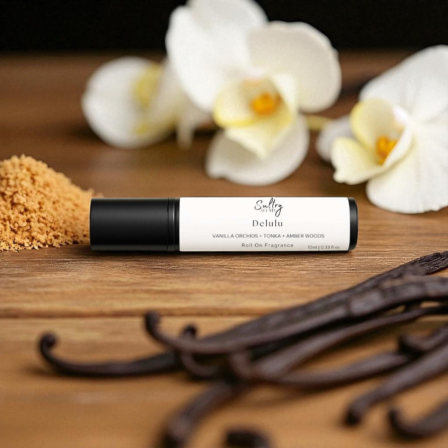 Sultry Scents roll on bottle with vanilla beans and orchids Kayali Vanilla 28 inspired roll on perfume oil