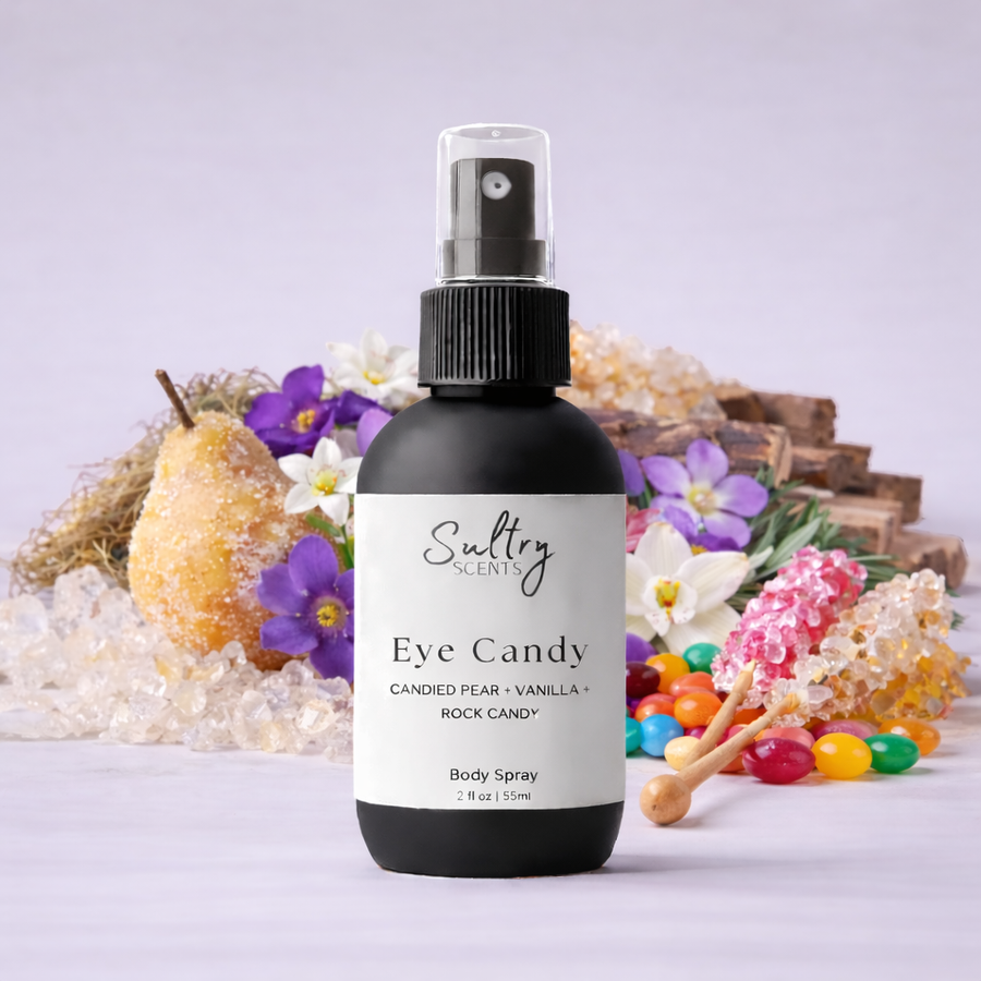 Sultry Scents Eye Candy Body Spray with Candied Pear, Vanilla and Rock Candy, a Kayali Vanilla candy rock sugar dupe