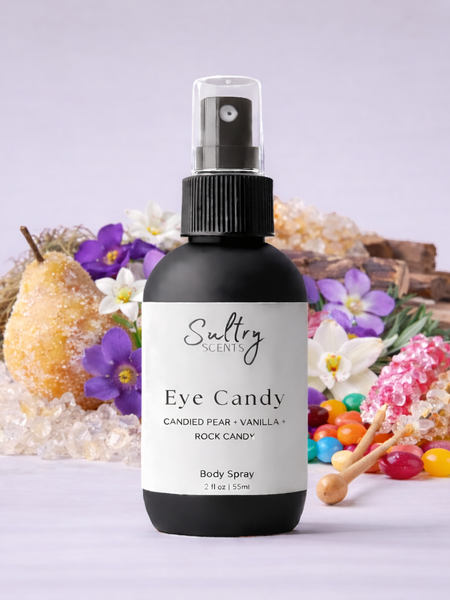 Sultry Scents Eye Candy Body Spray with Candied Pear, Vanilla and Rock Candy, a Kayali Vanilla candy rock sugar dupe