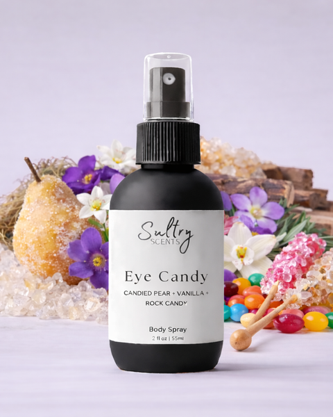 Sultry Scents Eye Candy Body Spray with Candied Pear, Vanilla and Rock Candy, a Kayali Vanilla candy rock sugar dupe