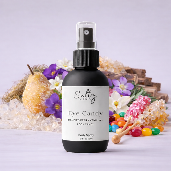 Sultry Scents Eye Candy Body Spray with Candied Pear, Vanilla and Rock Candy, a Kayali Vanilla candy rock sugar dupe