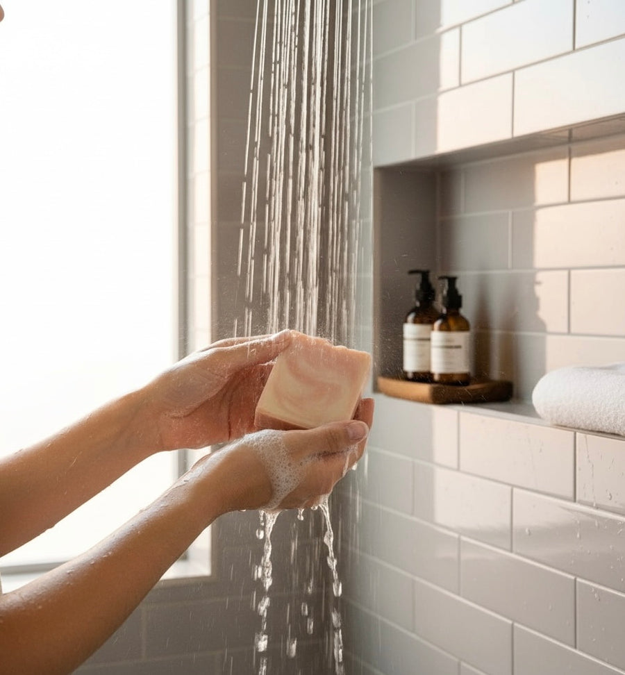 Person using Lavender Bergamot Tallow Soap bar while showering for a refreshing cleanse