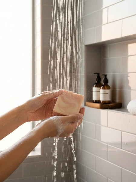 Person using Lavender Bergamot Tallow Soap bar while showering for a refreshing cleanse