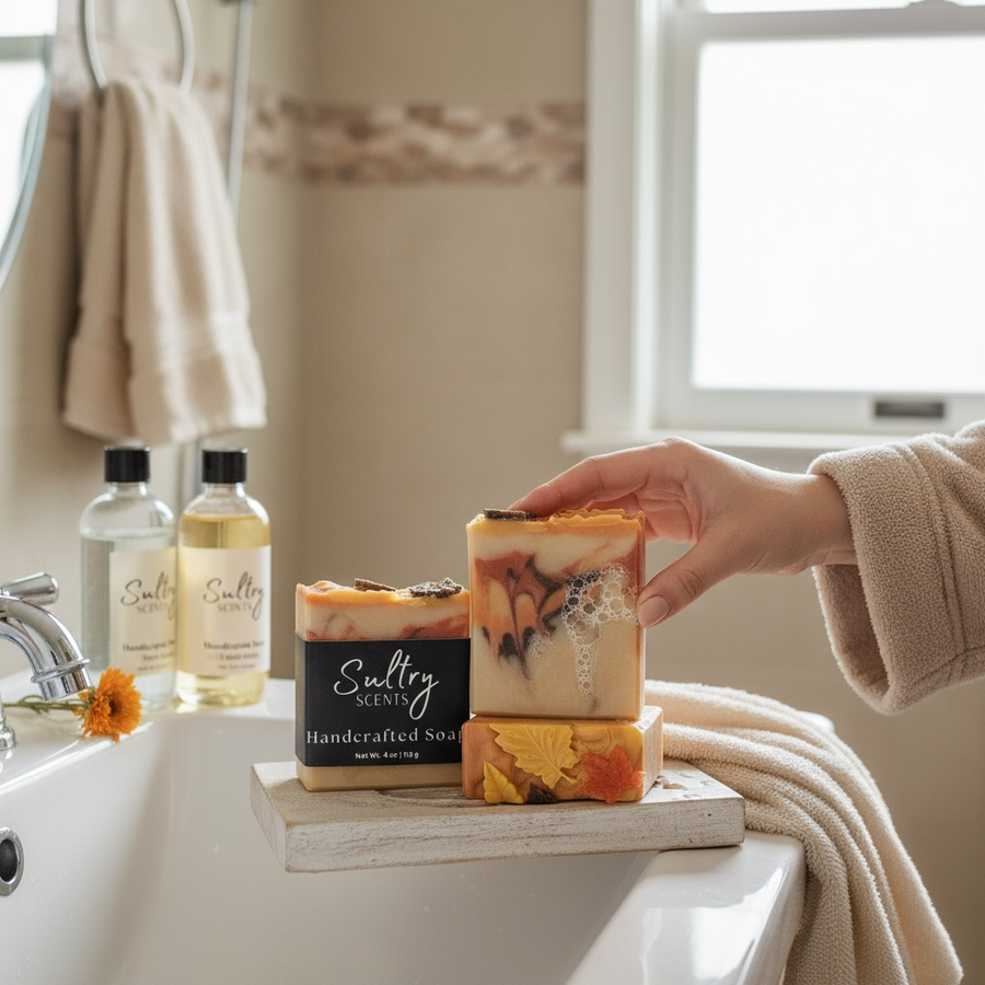 Leaves inspired Fall Soap from Sultry Scents in warm autumn colors with decorative leaves