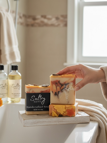 Leaves inspired Fall Soap from Sultry Scents in warm autumn colors with decorative leaves