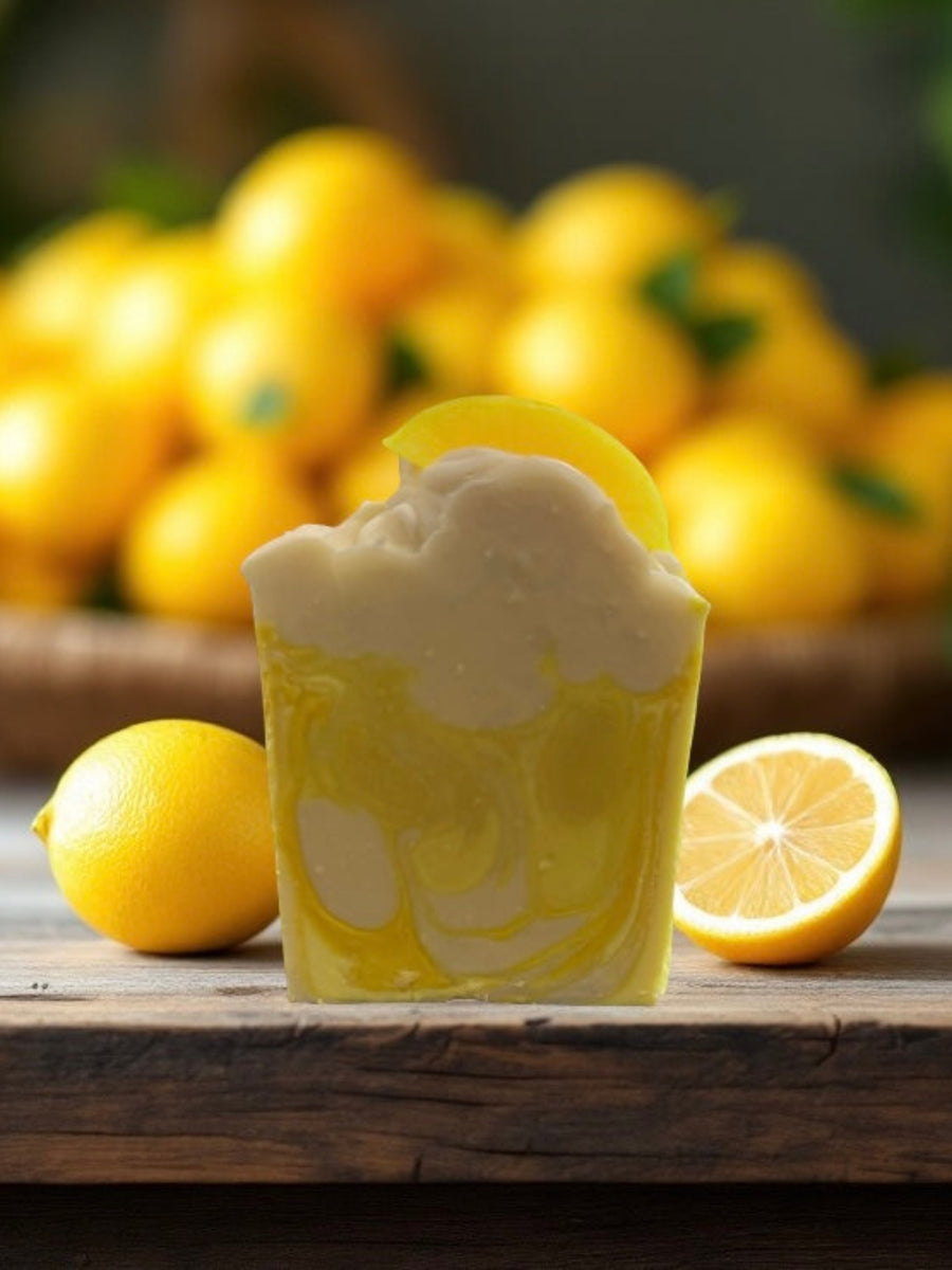 Lemon scented soap bar inspired by Under the Lemon Tree with a creamy yellow design and fresh lemon backdrop