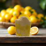 Lemon scented soap bar inspired by Under the Lemon Tree with a creamy yellow design and fresh lemon backdrop
