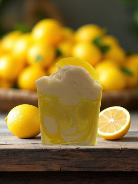 Lemon scented soap bar with a creamy texture and fresh scent, surrounded by lemons