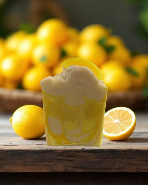 Lemon scented soap bar with a creamy texture and fresh scent, surrounded by lemons