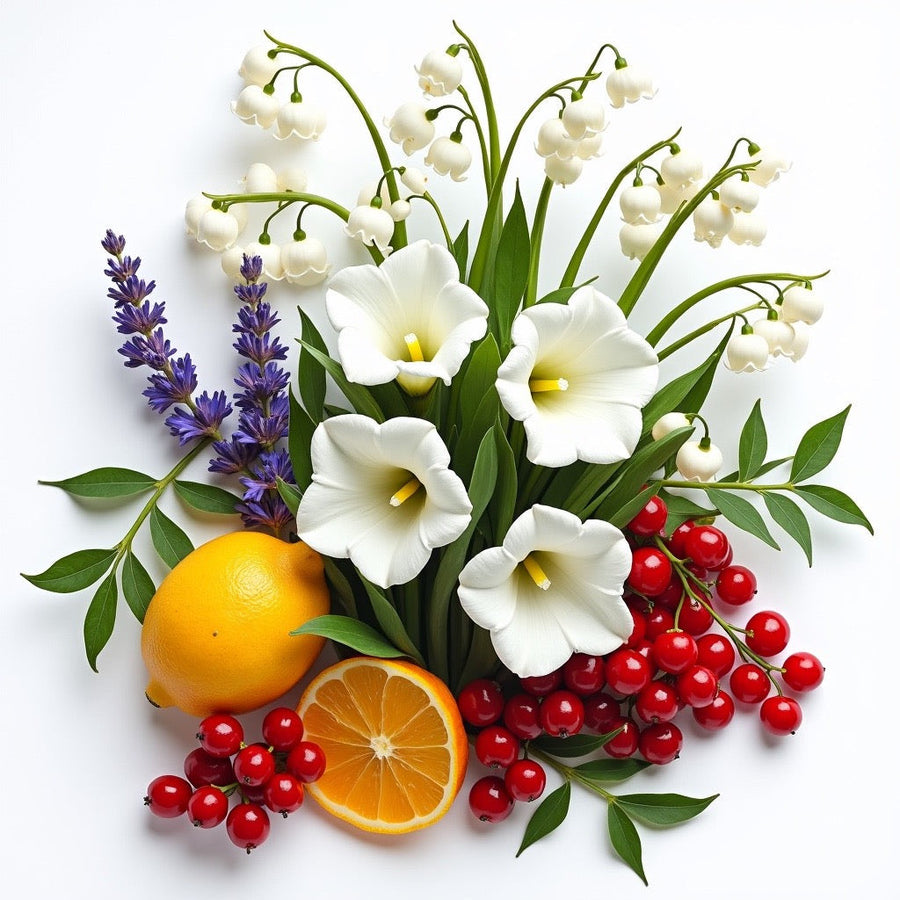 Floral and citrus ingredients representing Libre dupe perfume oil by Sultry Scents with white flowers, lavender, orange, and red berries