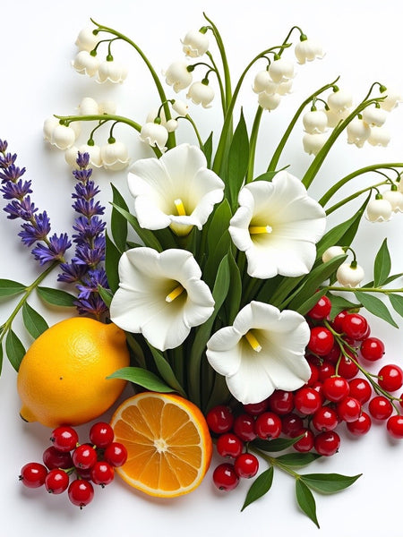 Floral and citrus ingredients representing Libre dupe perfume oil by Sultry Scents with white flowers, lavender, orange, and red berries