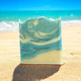Luxury beach soap bar with a blue and white marbled design, perfect for a refreshing cleanse by the ocean